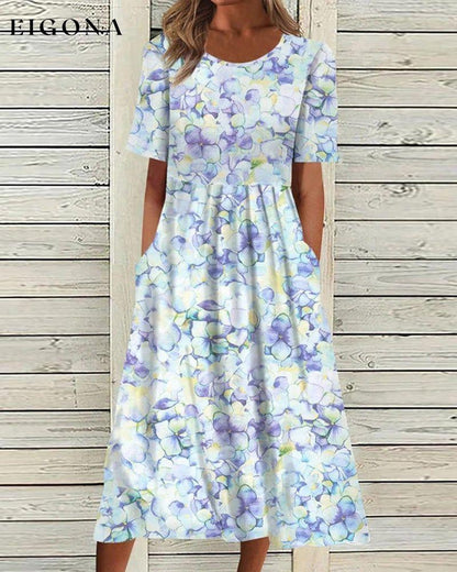 Round Neck Flower Print Dress Lavender 23BF Casual Dresses Clothes Dresses Elegant Dresses Spring Summer