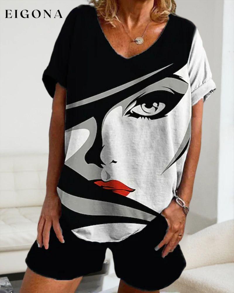 Short Sleeve Set in Figure Print 23BF clothes Short Sleeve Tops T-shirts Tops/Blouses Two-piece sets