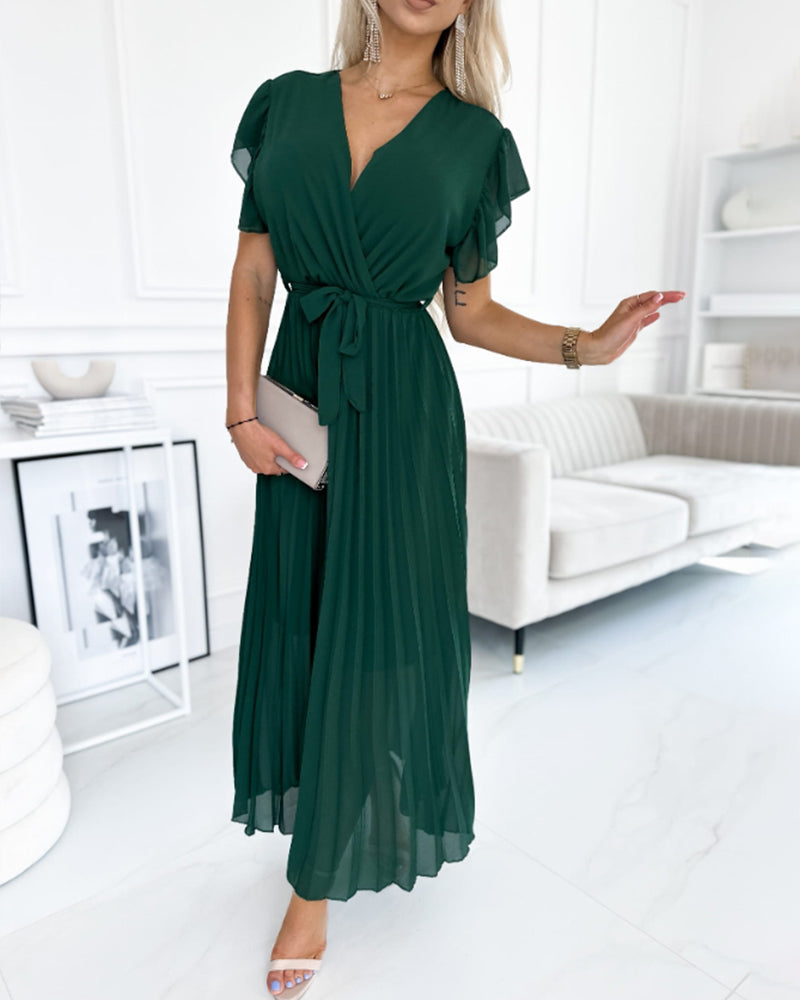 Solid color ruffled sleeves V-neck elegant dress casual dresses summer