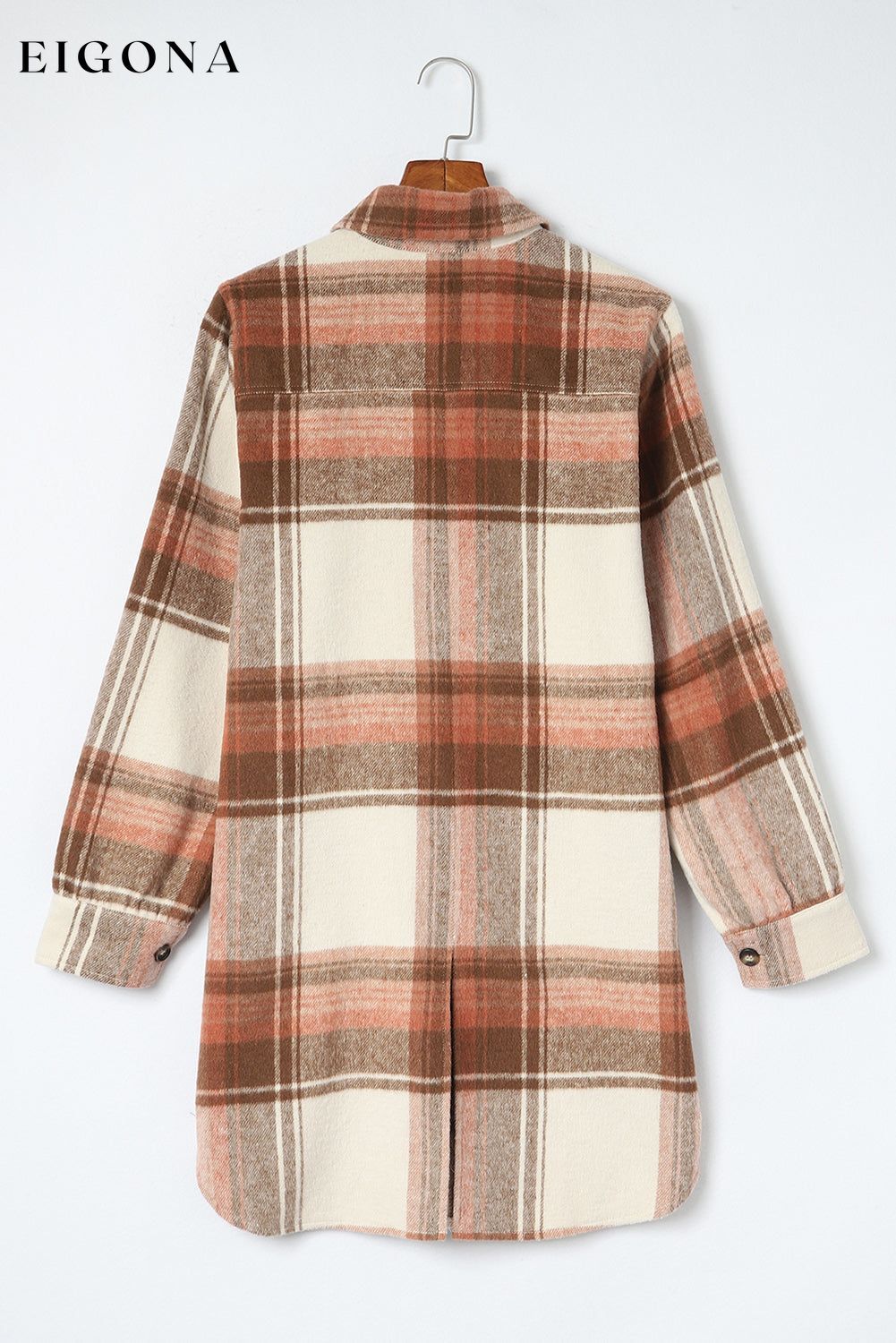 Brown Plaid Print Flap Pockets Long Shacket All In Stock Category Shacket clothes DL Exclusive DL Out West Fall To Winter Hot picks jacket Jackets & Coats Occasion Daily Print Plaid Season Winter Style Casual