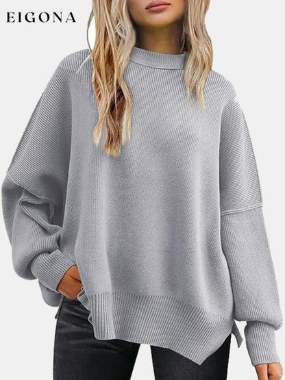 Round Neck Drop Shoulder Slit Sweater Charcoal clothes R.T.S.C Ship From Overseas Sweater sweaters Sweatshirt