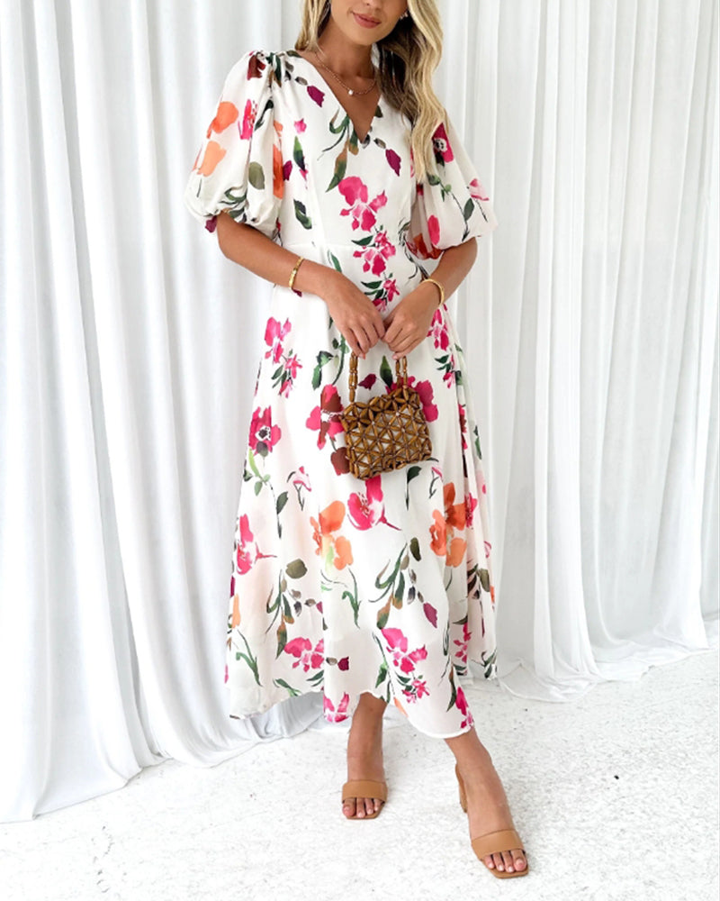 Elegant dress with puff sleeves and floral print casual dresses summer