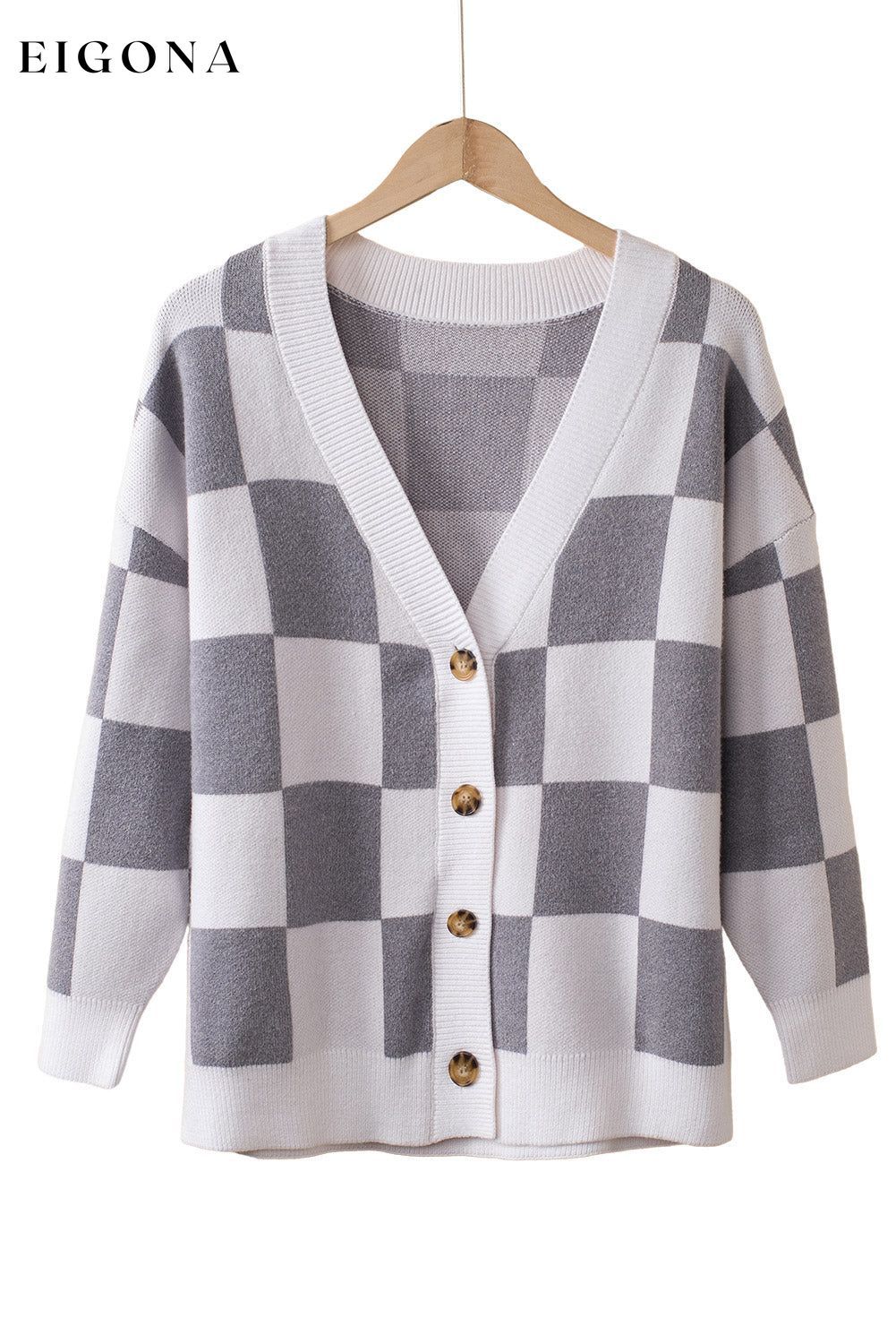 Gray Contrast Checkered Print Button Up Sweater Cardigan All In Stock Best Sellers clothes Occasion Daily Print Color Block Season Winter Style Southern Belle sweater sweaters