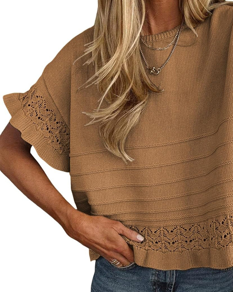 Round Neck Ruffled Hem Hollow Out Blouse