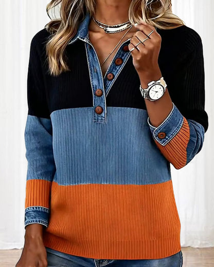 Fashionable Lapel Contrast Color Top