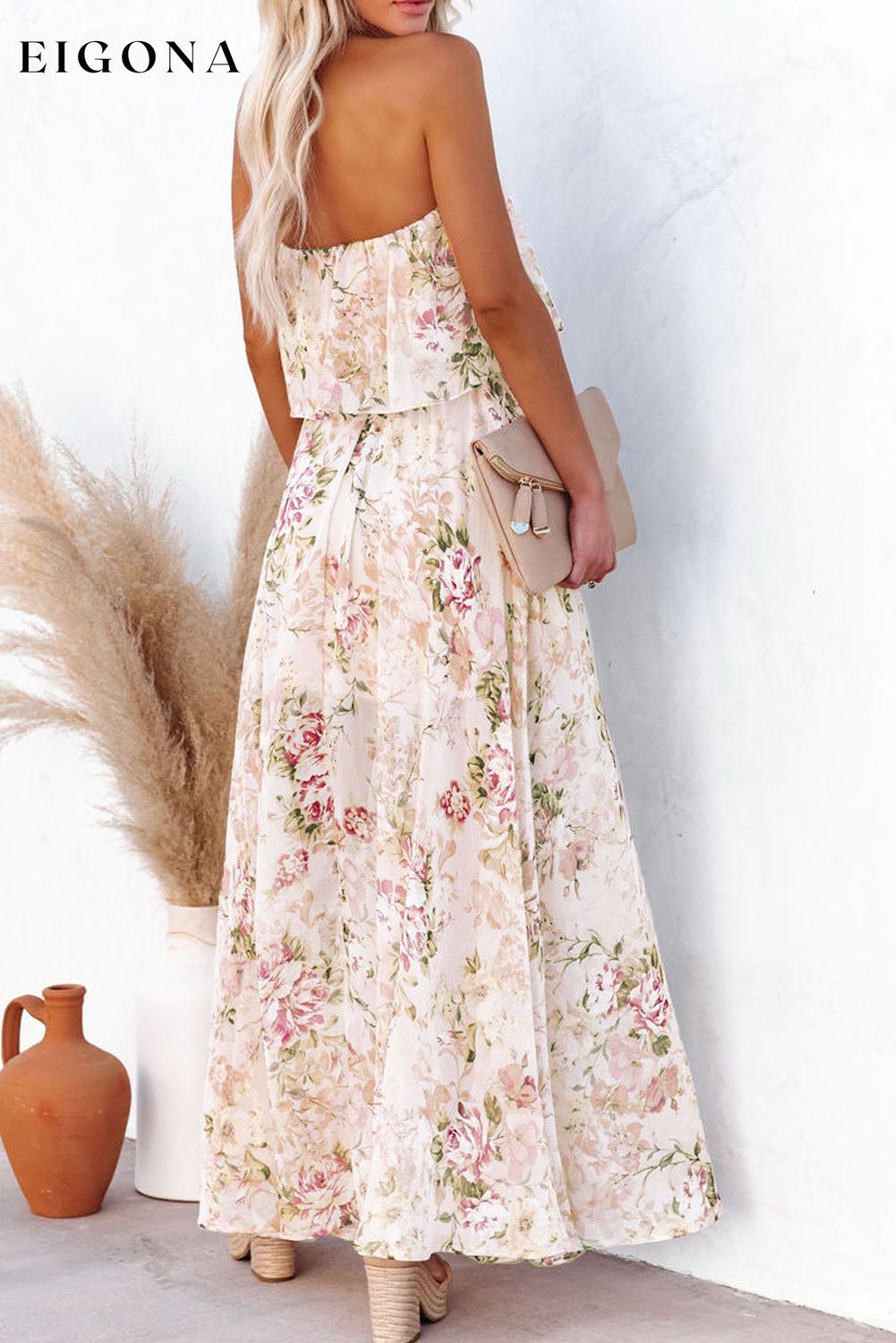 Pink Floral Print Strapless Tube Top Maxi Dress casual dress casual dresses clothes Detail Ruffle dress dresses maxi dress Occasion Vacation Print Floral Season Summer Size S To 2XL Sleeve Sleeveless Style Bohemian Style Elegant