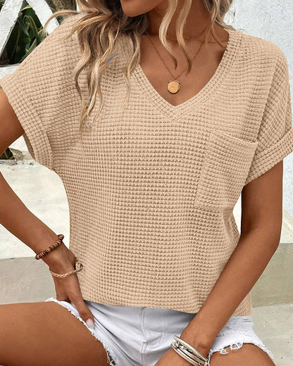 Women's Waffle Knit V-Neck Casual Summer T-shirt