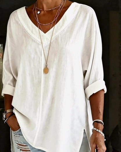 V-Neck Seven-Part Sleeve Split Cotton Linen Top