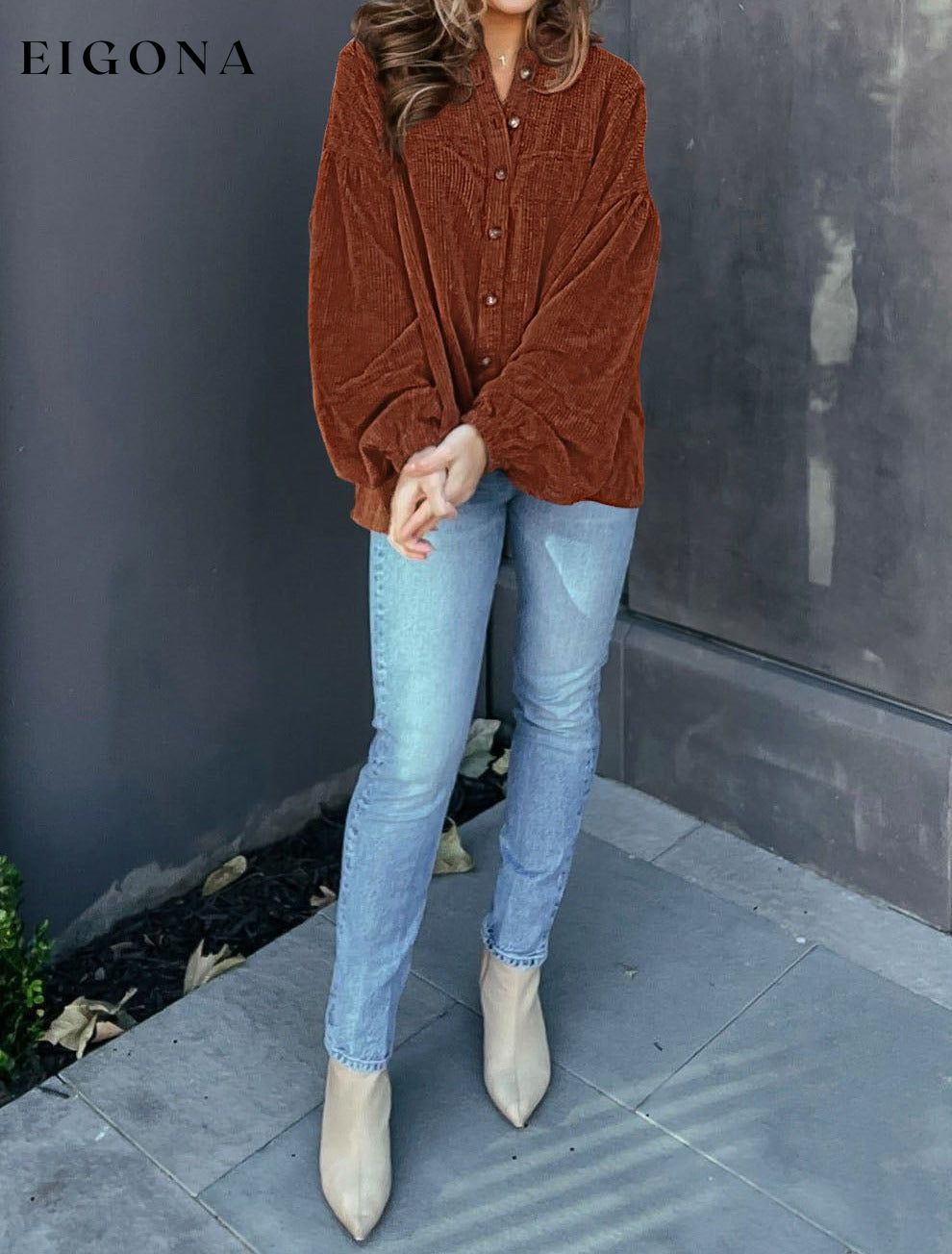 Coffee Textured Corduroy Puff Sleeve Shacket clothes Fabric Corduroy Hot picks Occasion Daily Print Solid Color Season Fall & Autumn Style Western