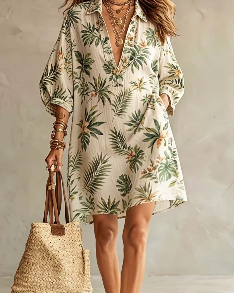 Puff Sleeve V-Lapel Floral Print Dress