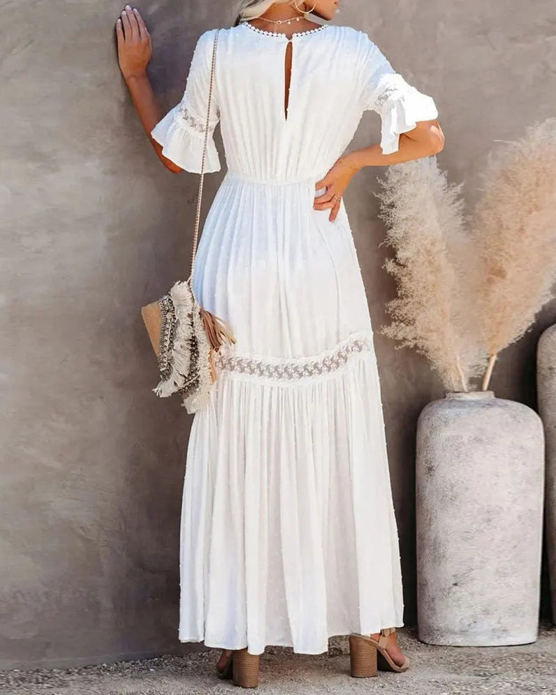 Elegant solid color deep V lace patchwork dress casual dresses summer vacation dresses