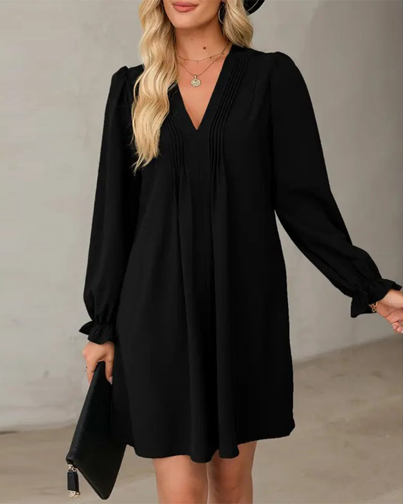 Pleated V-Neck Long Sleeve Dress