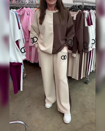 Contrast Color Casual Sweatshirt Set