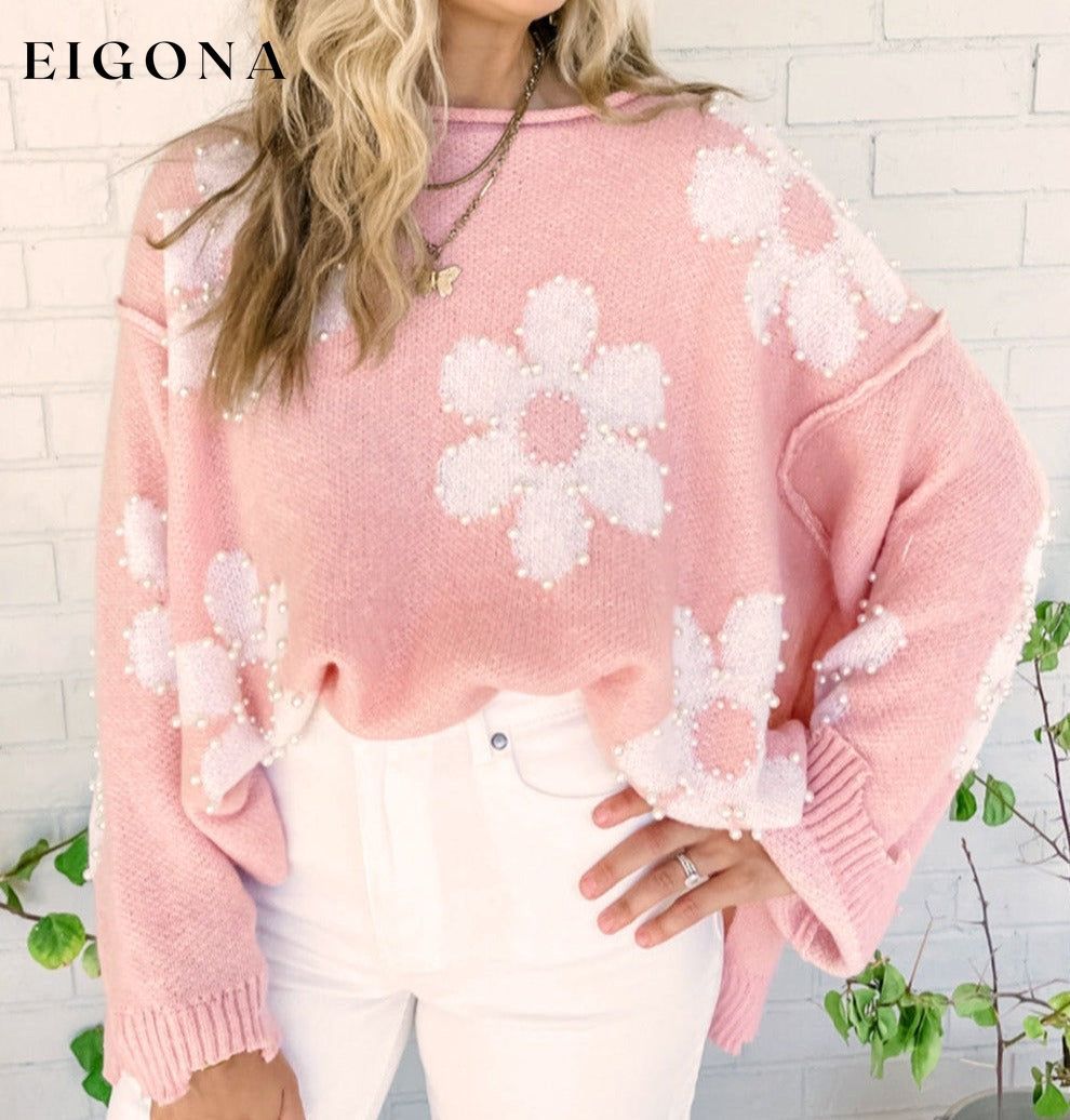 Multicolour Pearl Beaded Floral Drop Shoulder Sweater All In Stock clothes Color Pink Craft Bead EDM Monthly Recomend Hot picks Print Vintage Floral Season Winter Style Southern Belle Sweater sweaters