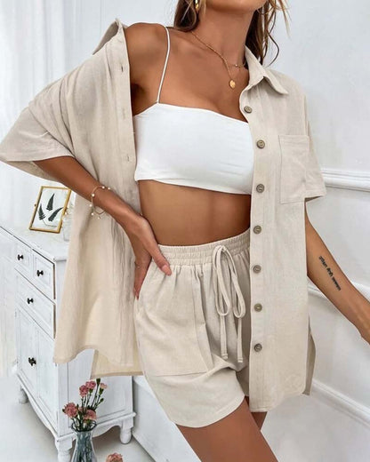 Casual solid color shirt and shorts set 202466 summer two-piece sets