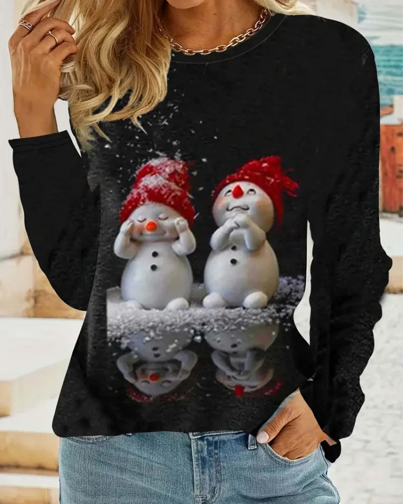 Snowman Print Crew Neck Casual Long Sleeve Top 2024 f/w blouses & shirts christmas