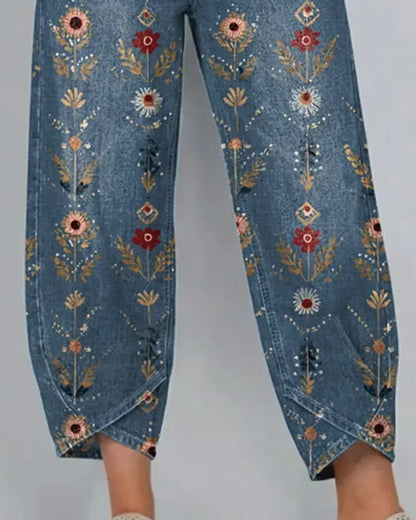 Floral Print Denim Ankle-Length Pants