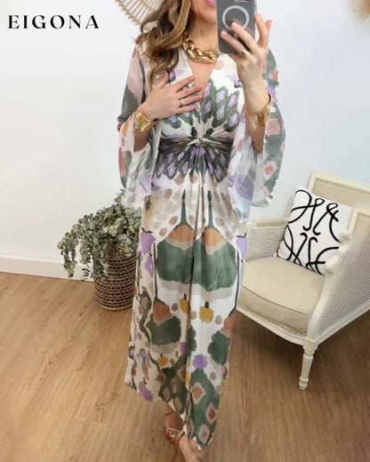 Elegant printed V-neck flare sleeves long dress casual dresses spring summer vacation dresses