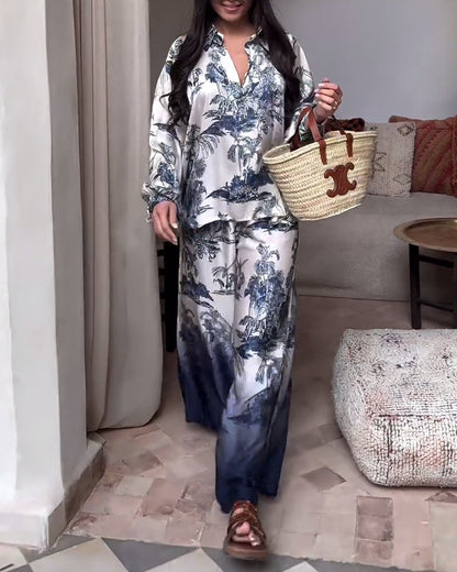 Plant gradient print lantern sleeve two-piece suit spring summer two-piece sets