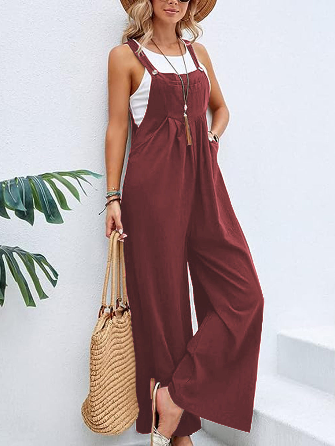 Full Size Wide Leg Overalls with Pockets Deep Red clothes Ship From Overseas Shipping Delay 09/29/2023 - 10/03/2023 trend Y@L@Y