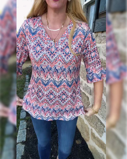 Lässige Bluse mit Trompetenärmeln und V-Ausschnitt