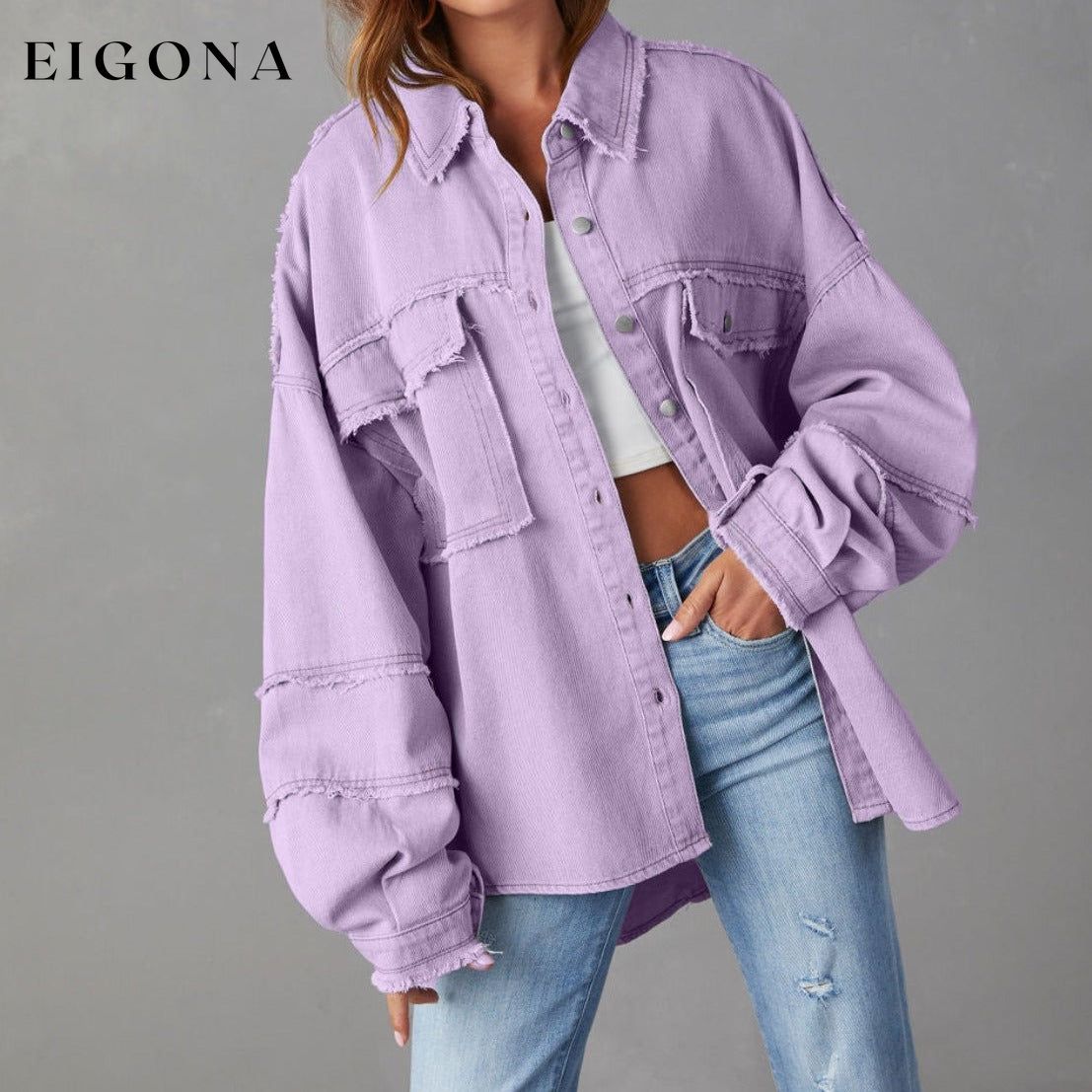 Dropped Shoulder Raw Hem Jacket Lilac clothes Denim Jacket Jacket long sleeve top Outerwear Ship From Overseas Shipping Delay 09/29/2023 - 10/02/2023 X@Y@K