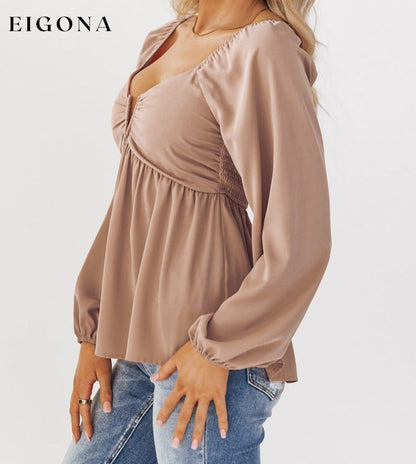 Orange Notched V-Neck Smocked Back Peplum Blouse All In Stock clothes DL Exclusive Early Fall Collection long sleeve shirt long sleeve shirts long sleeve top Occasion Daily Print Solid Color Season Spring shirt shirts Style Southern Belle top tops
