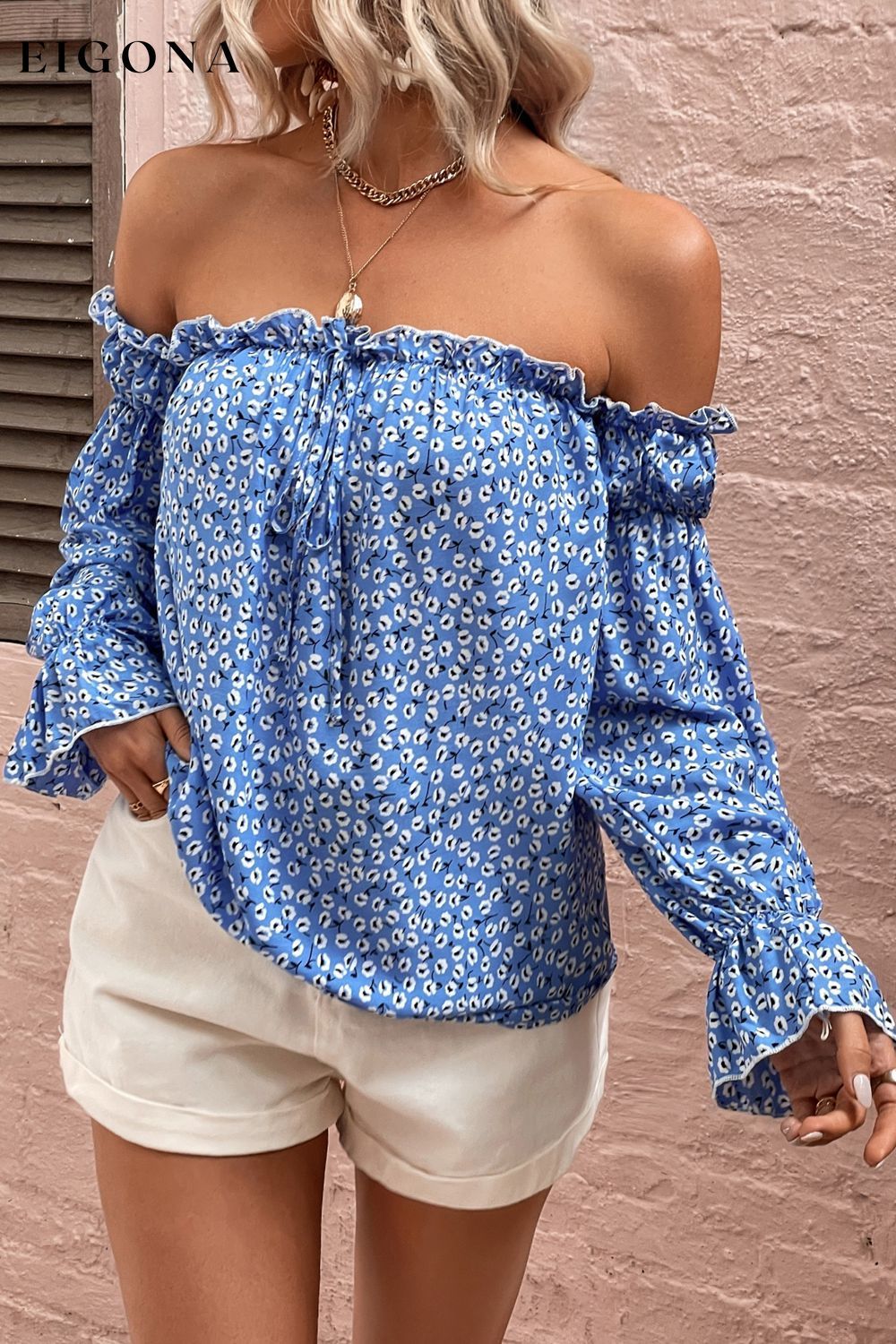Off Shoulder Printed Frill Trim Blouse Cobalt Blue clothes Hanny long sleeve long sleeve shirts long sleeve top Ship From Overseas Shipping Delay 09/29/2023 - 10/04/2023 top tops trend