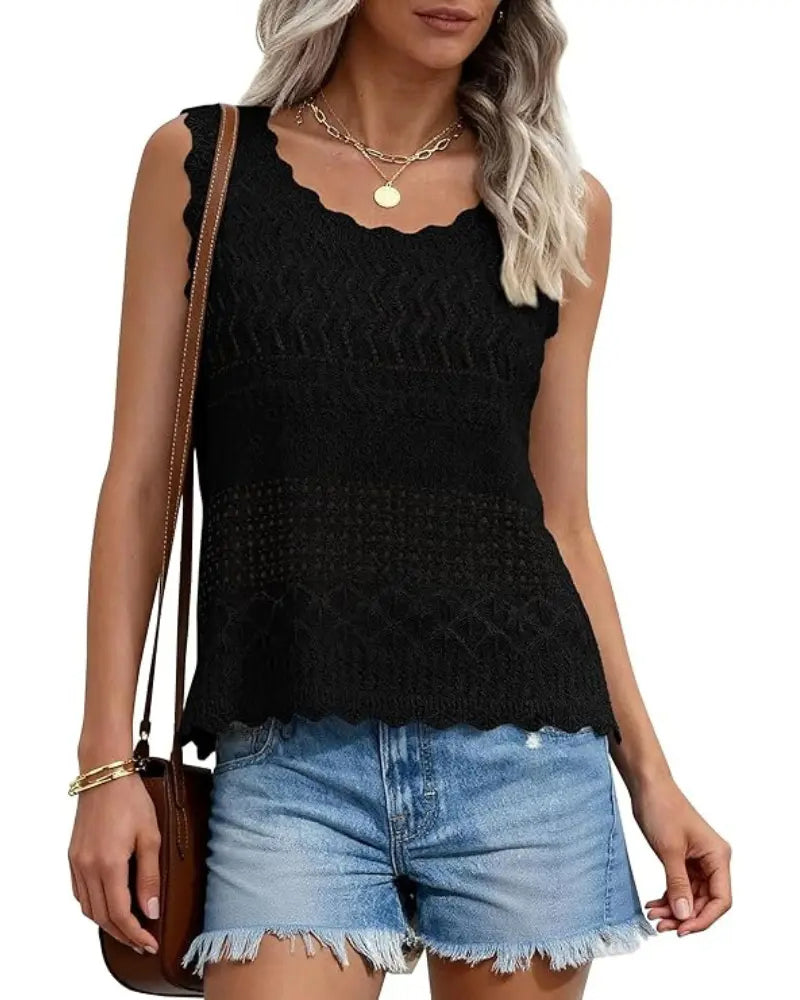 Hollow-Out Wavy Edge Sleeveless Tank Top