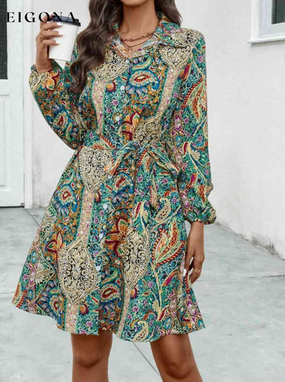 Printed Collared Neck Long Sleeve Dress Teal clothes Ship From Overseas YO