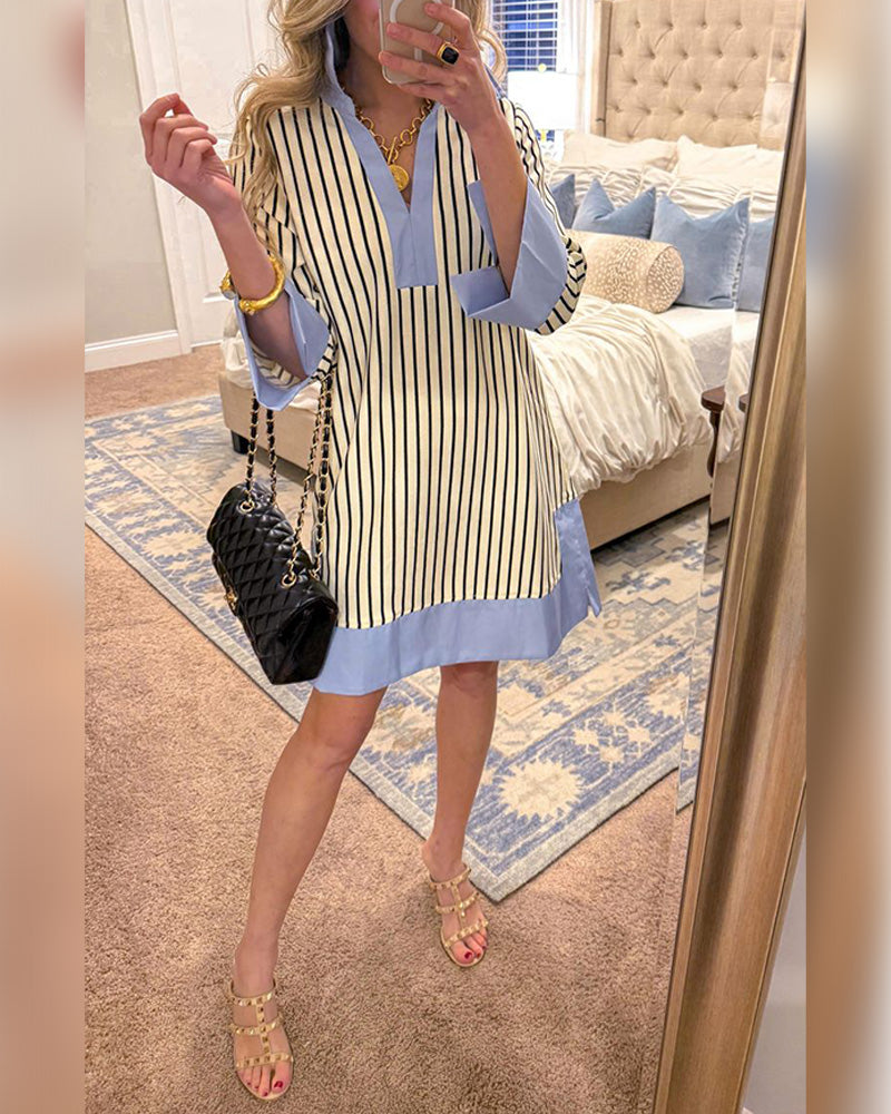 Striped Color-block Collared Dress