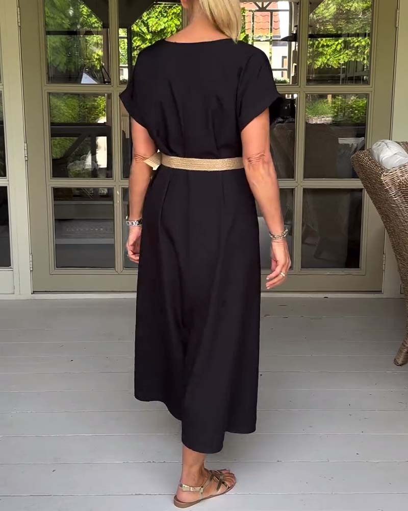 Solid color short sleeve slit dress casual dresses summer