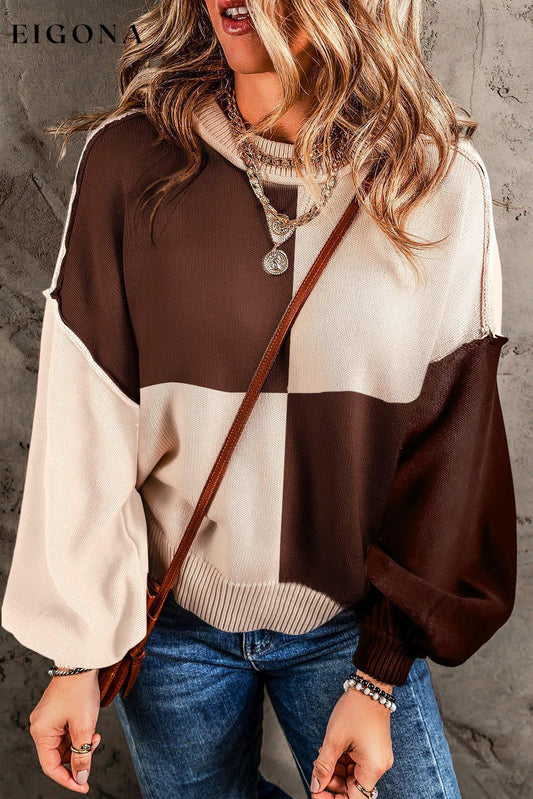 Chicory Coffee Contrast Color Exposed Seam Drop Shoulder Sweater Chicory Coffee 55%Acrylic+45%Cotton clothes DL Chic Sweater sweaters