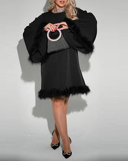 Bell Sleeve Fur Patchwork Loose Dress