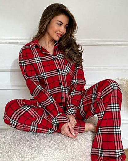 Cozy plaid long sleeve buttons lapel pajama set 2024 f/w christmas two-piece sets