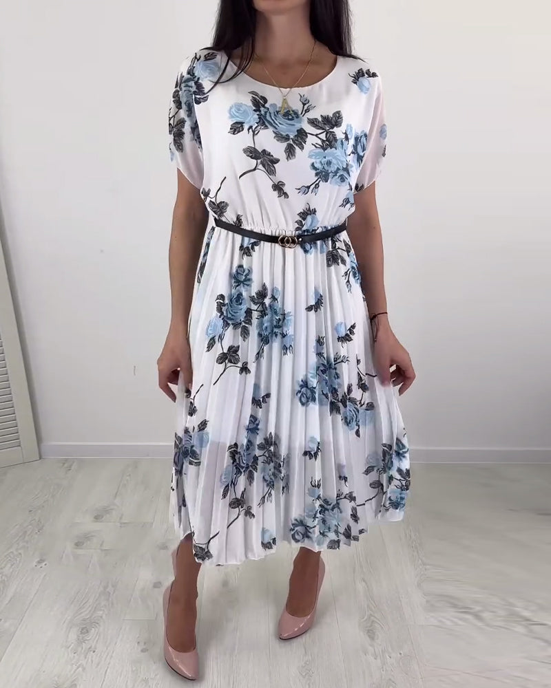 Elegant floral print short-sleeve pleated dress casual dresses summer