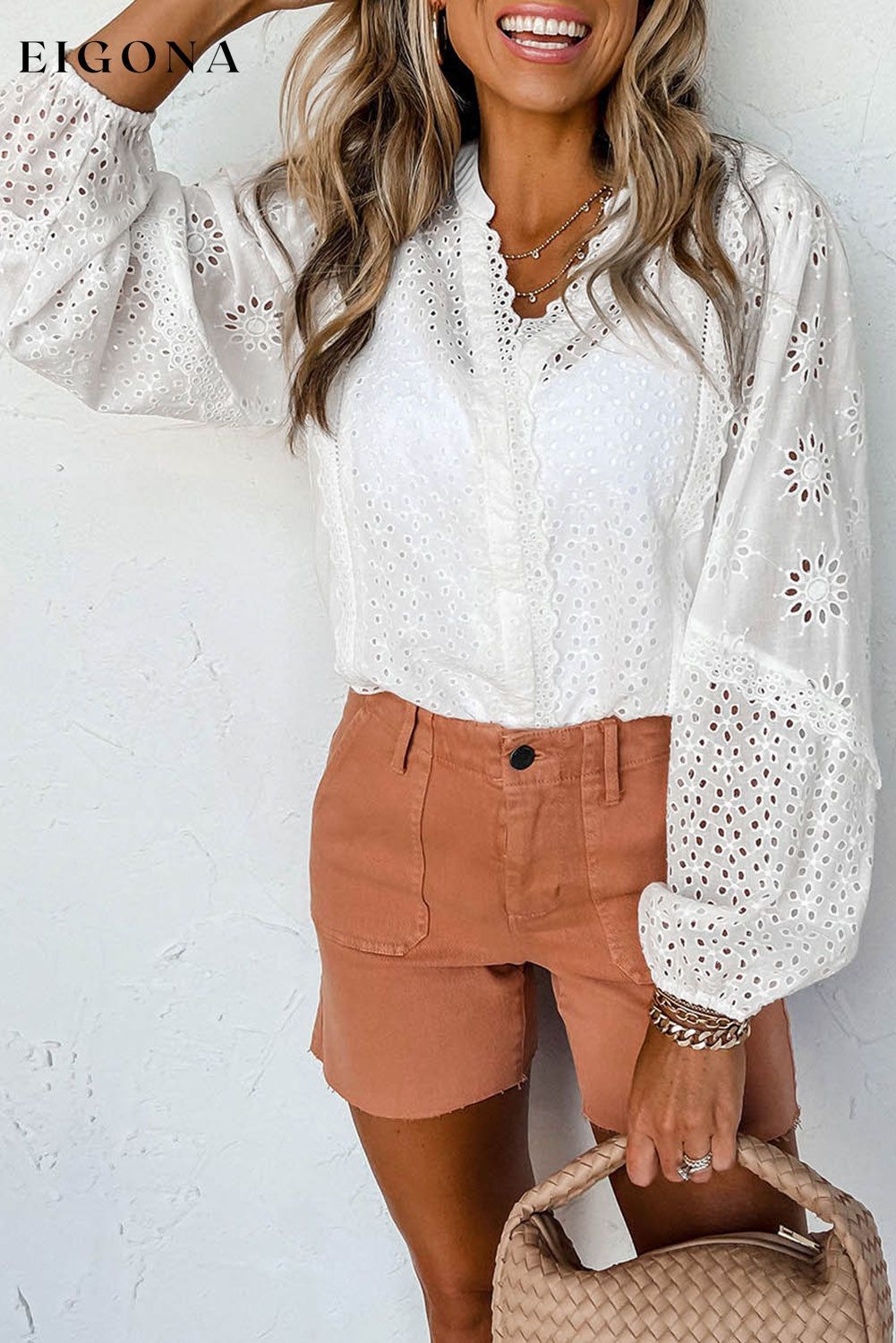 V-Neck Openwork Long Sleeve Blouse White blouse clothes long sleeve Ship From Overseas SYNZ top trend