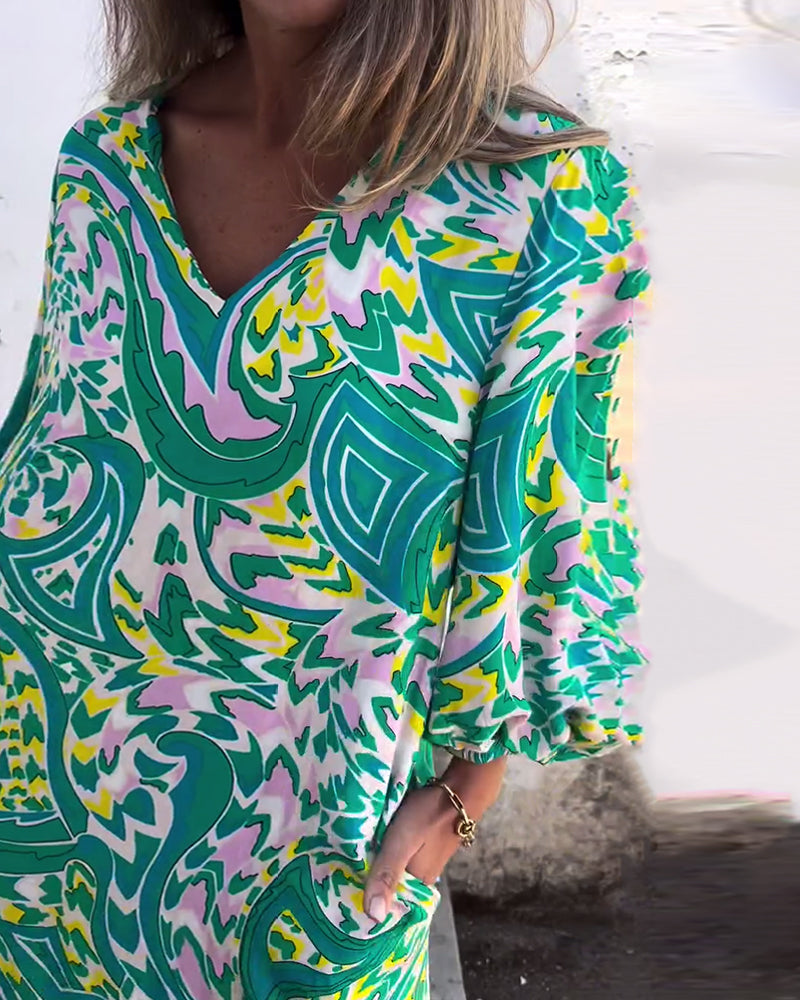 V-Neck Resort Print Long Sleeve Dress