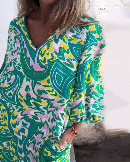 V-Neck Resort Print Long Sleeve Dress