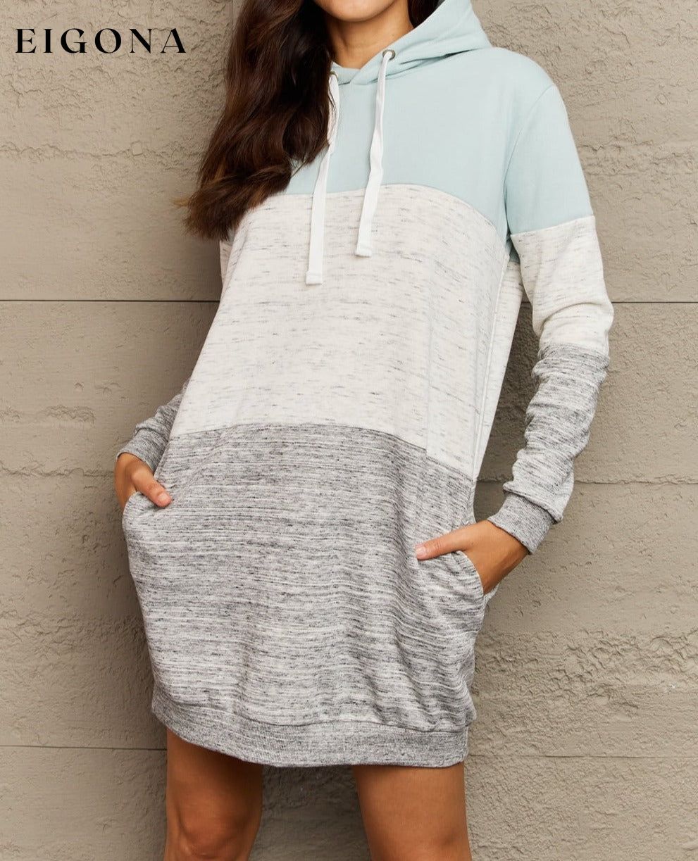 Full Size Color Block Dropped Shoulder Hooded Mini Dress Pastel Blue clothes lounge wear loungewear Ninexis Ship From Overseas Shipping Delay 09/29/2023 - 10/02/2023 Sweater sweaters trend