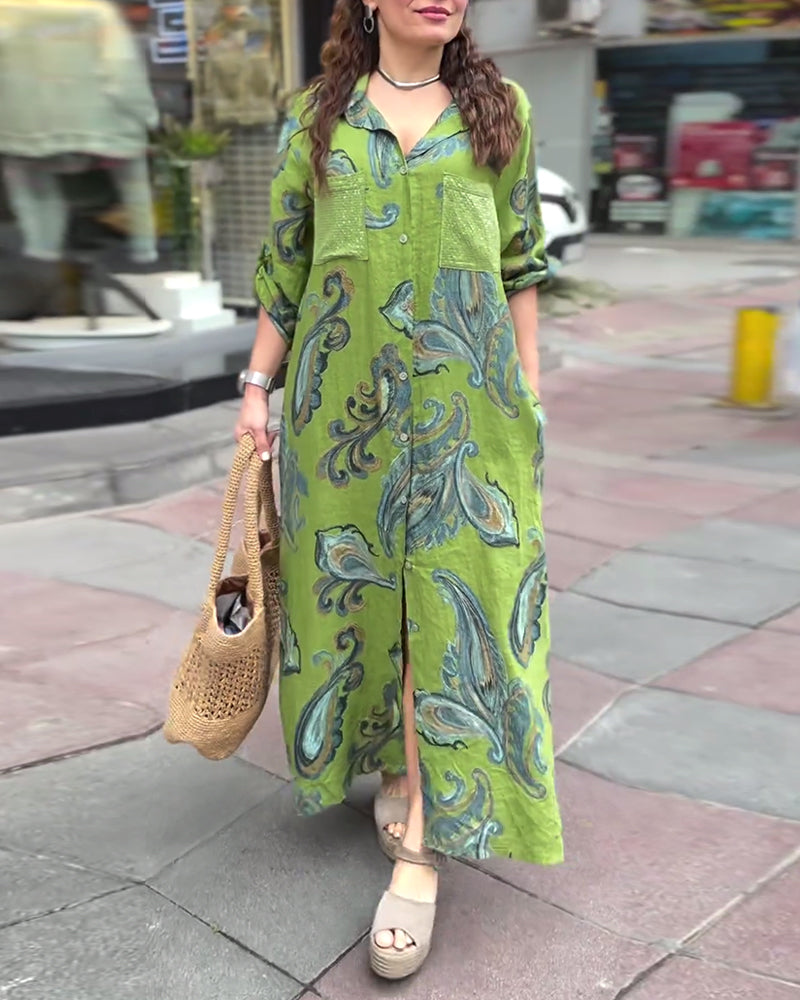 Lapel buttoned printed pocket slit long dress casual dresses spring summer