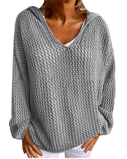 Dames Crochet Hollow Out Hooded Long Sleeve Tops