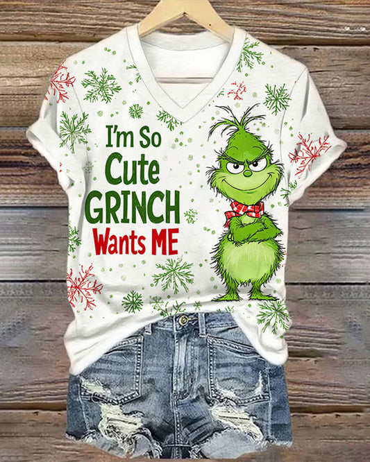 Casual grinch lettering print V-neck T-shirt 2024 f/w christmas Grinch spring summer t-shirts