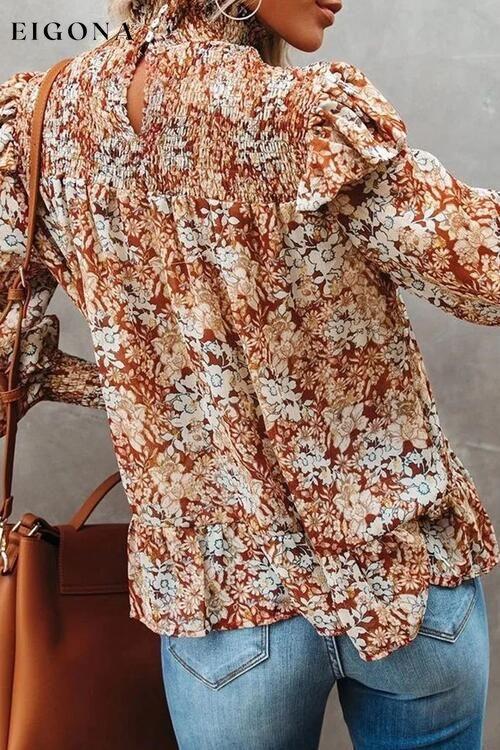 Floral Smocked Lantern Sleeve Ruffled Blouse clothes long sleeve shirt long sleeve shirts long sleeve top long sleeve tops Ship From Overseas shirt shirts SYNZ top tops