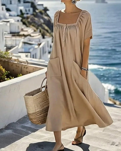 Square Neck Loose Half Buttoned Long Dress