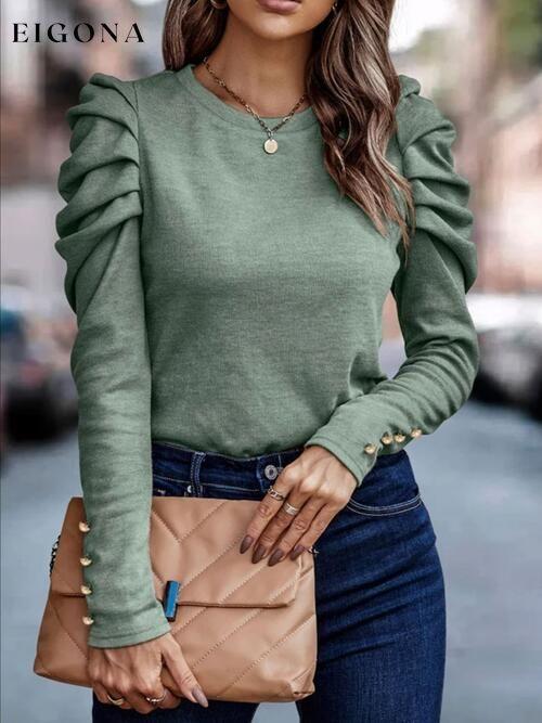 Round Neck Puff Sleeve Sleeve Blouse Sage clothes long sleeve long sleeve shirt long sleeve shirts long sleeve top long sleeve tops Ship From Overseas shirt shirts SYNZ top tops