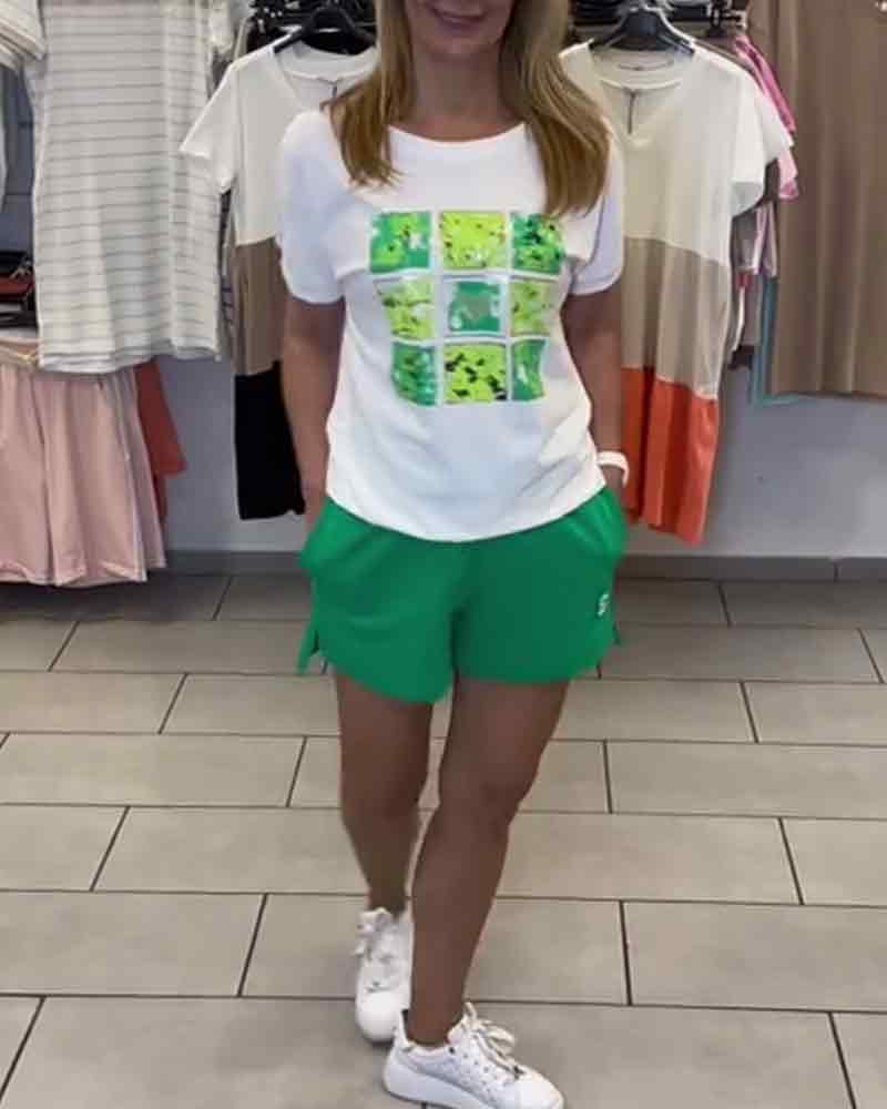 Lässiges, bedrucktes Shorts-Set mit mittelhohem Bund