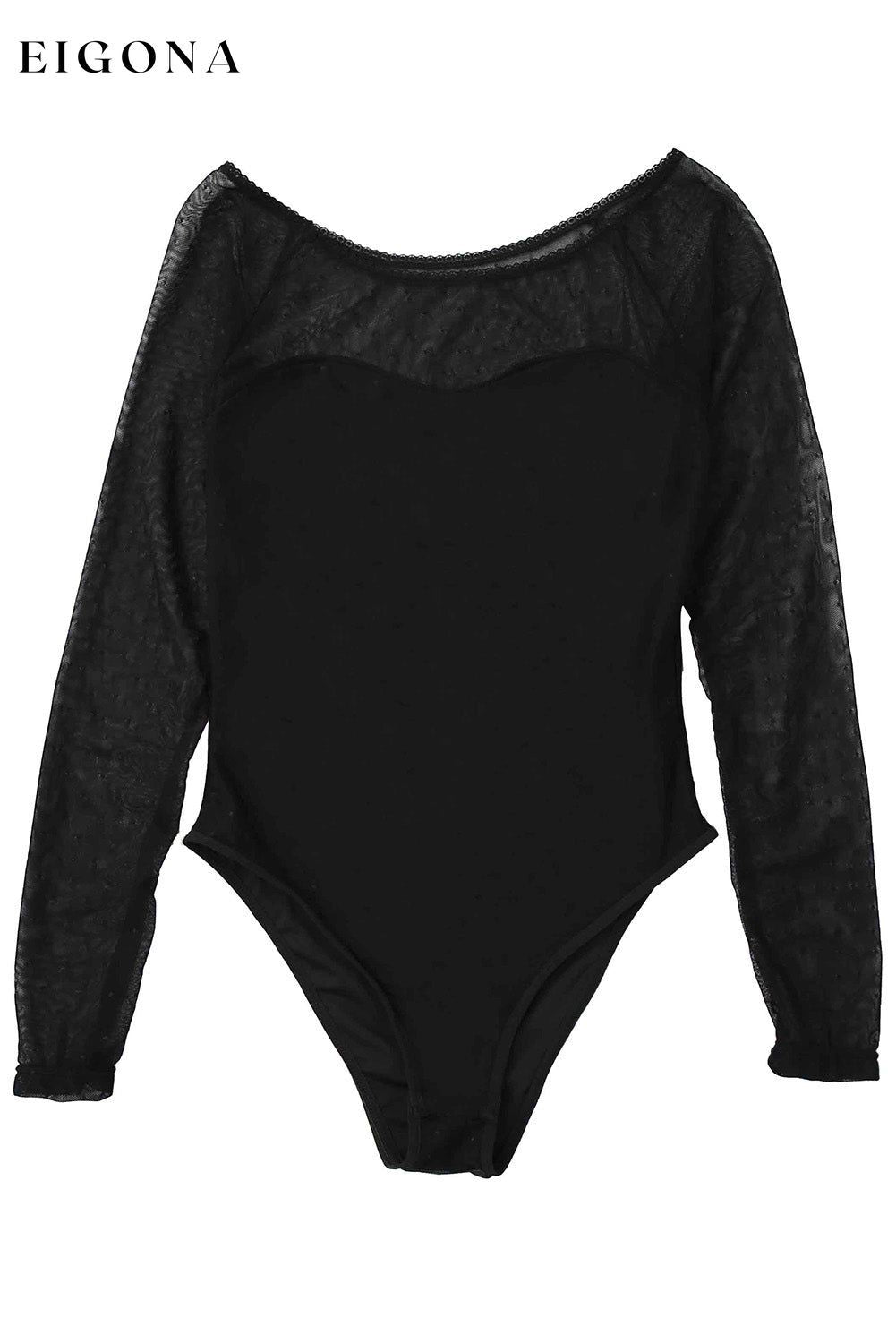 Black Dotty Mesh Overlay Long Sleeve Bodysuit bodysuit bodysuits clothes DL Exclusive Fabric Lace Fabric Sheer Fabric Swiss Dot Occasion Daily Print Solid Color Season Four Seasons Style Elegant trend