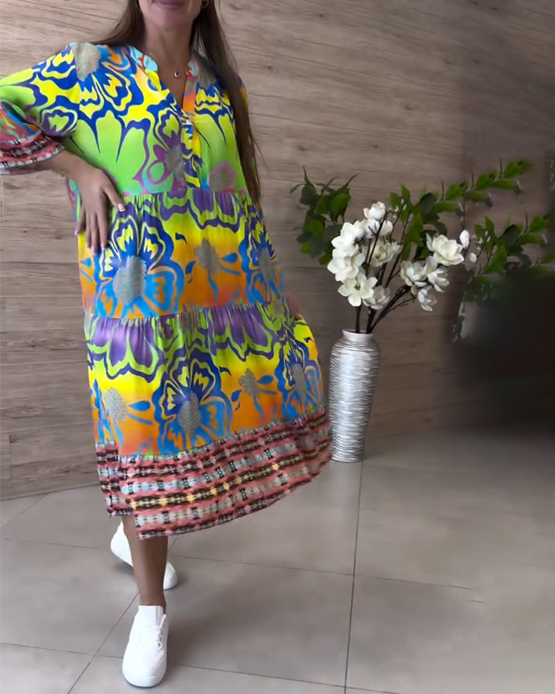 Lässiges Bohemian-Kleid mit V-Ausschnitt und Print