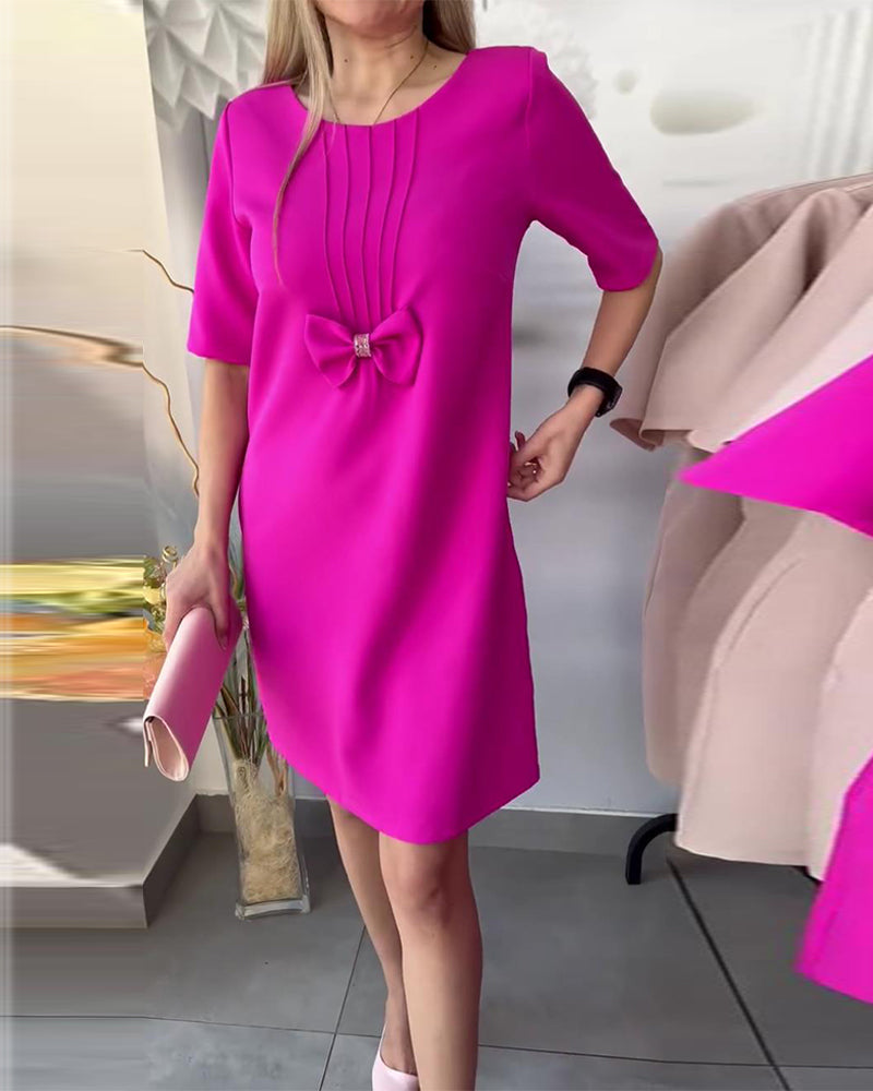 Fashion solid color bow round neck dress 2023 f/w casual dresses spring summer